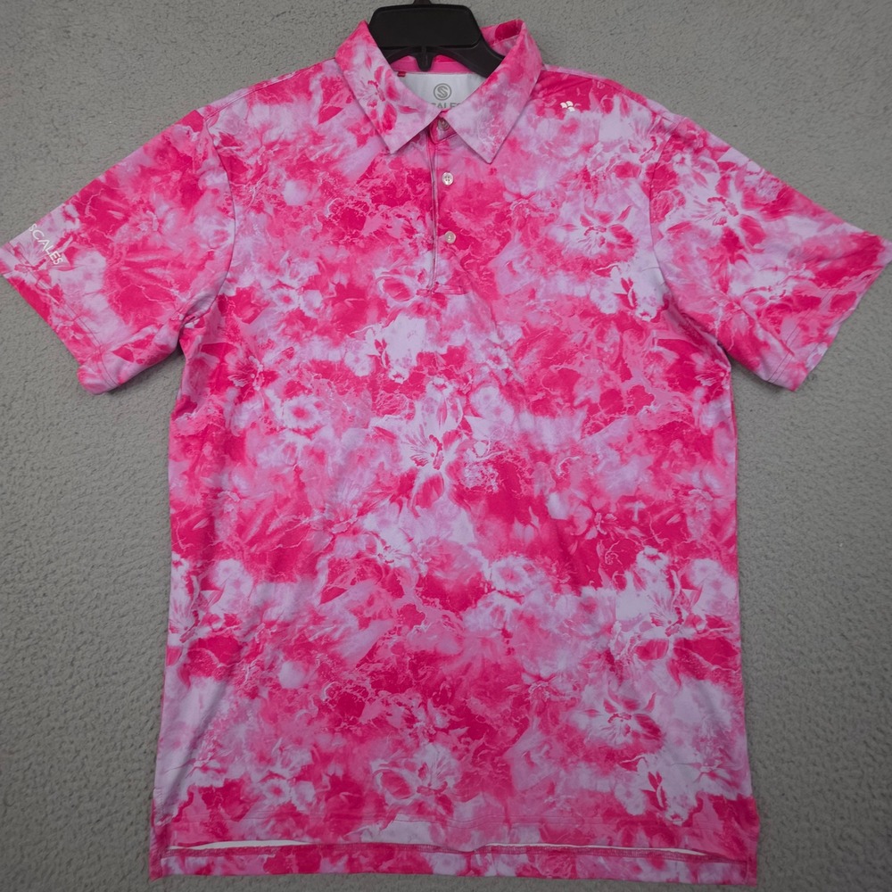 Scales Mens Golf Polo Shirt Medium Pink Tie Dye Floral Performance Fishing